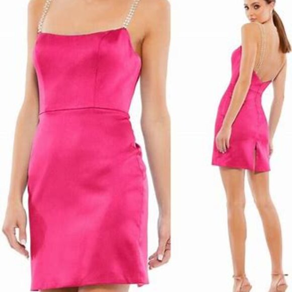 Mac Duggal NWT Candy Pink Rhinestone Strap Satin Mini Dress Size 2 #55691 - Picture 2 of 7